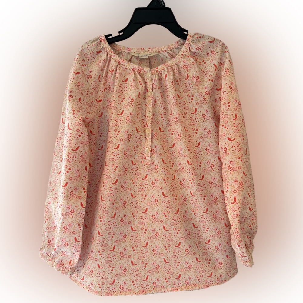 Lands End Kids Long Sleeve Button Front Top Girls 5 Pink Floral Birds Feminine